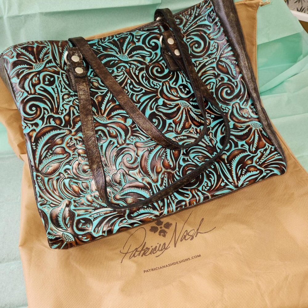 Patricia Nash Solaro Turquois Tooled Leather Tote